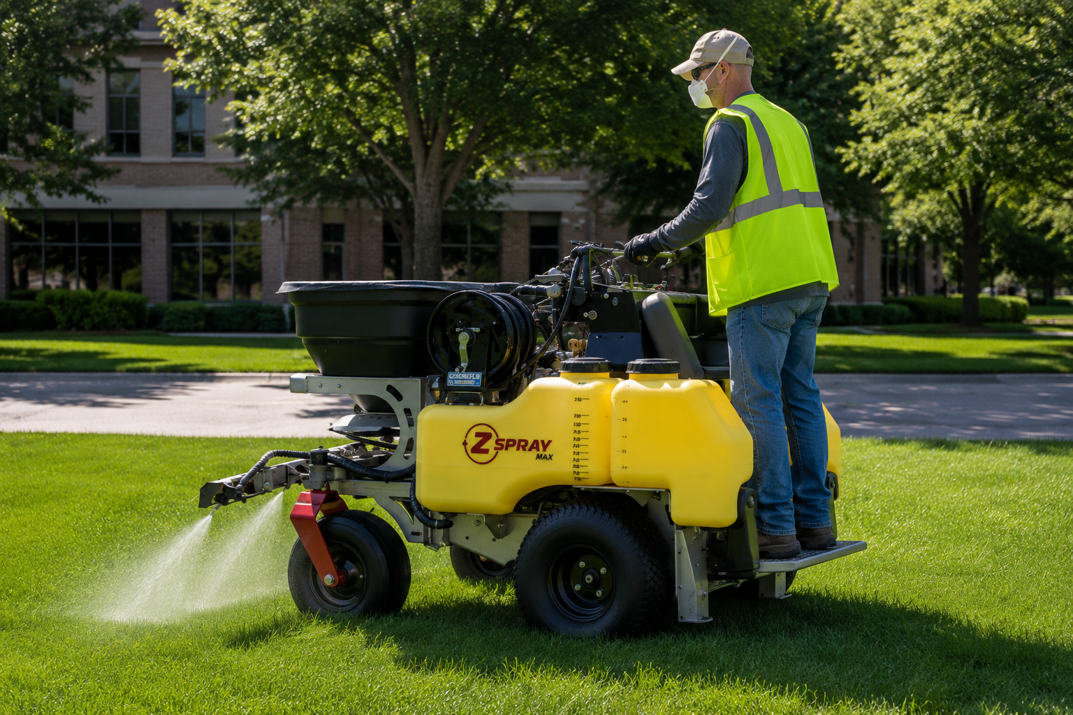 Z-Spray MAX applying fertilizer and broadleaf weed control to a commercial lawn