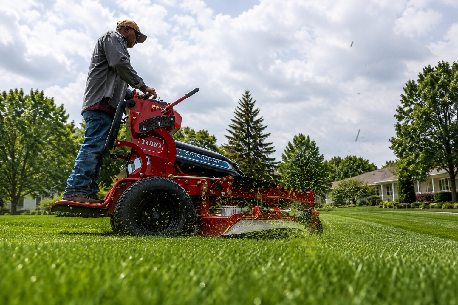 Professional mowing a residential lawn with a Toro Grandstand zero-turn mower